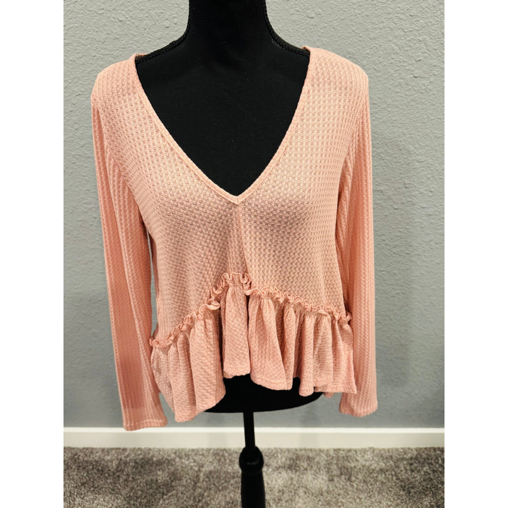 Peach Lane Pink Ruffle Hem Long-Sleeve Cropped Knit Top, Sz L, NEW